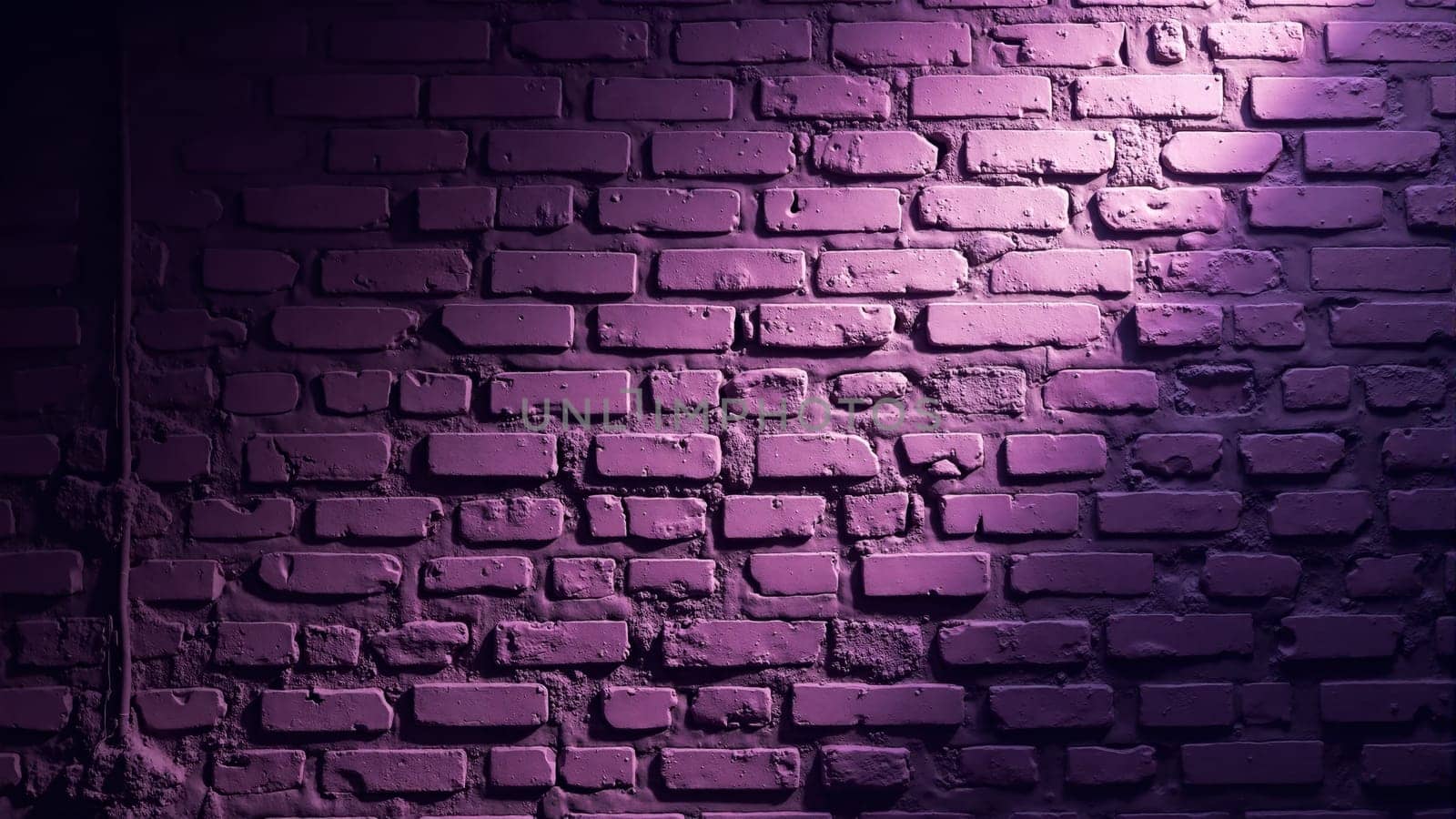 A textured brick wall painted in deep purple tones emanates a warm glow, enhancing the artistic mood of the surrounding area with subtle light highlighting its unique features.