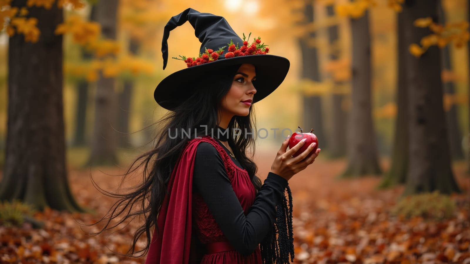 In the heart of a serene forest adorned with fall foliage, a mysterious figure in a witch's hat delicately cradles a bright red apple.
