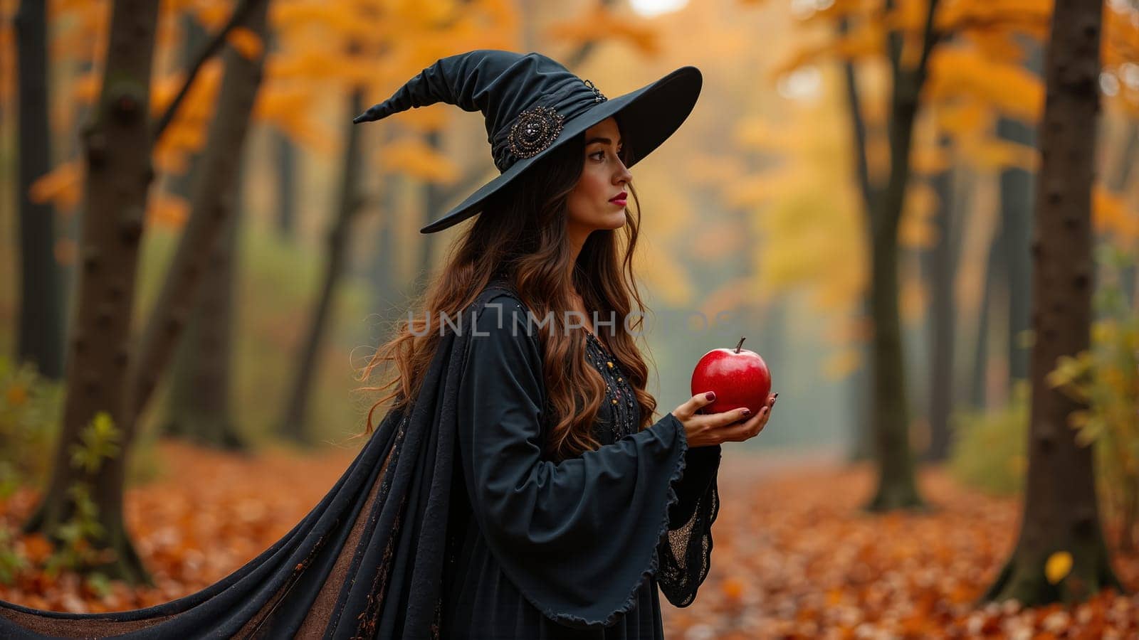 In the heart of a serene forest adorned with fall foliage, a mysterious figure in a witch's hat delicately cradles a bright red apple.
