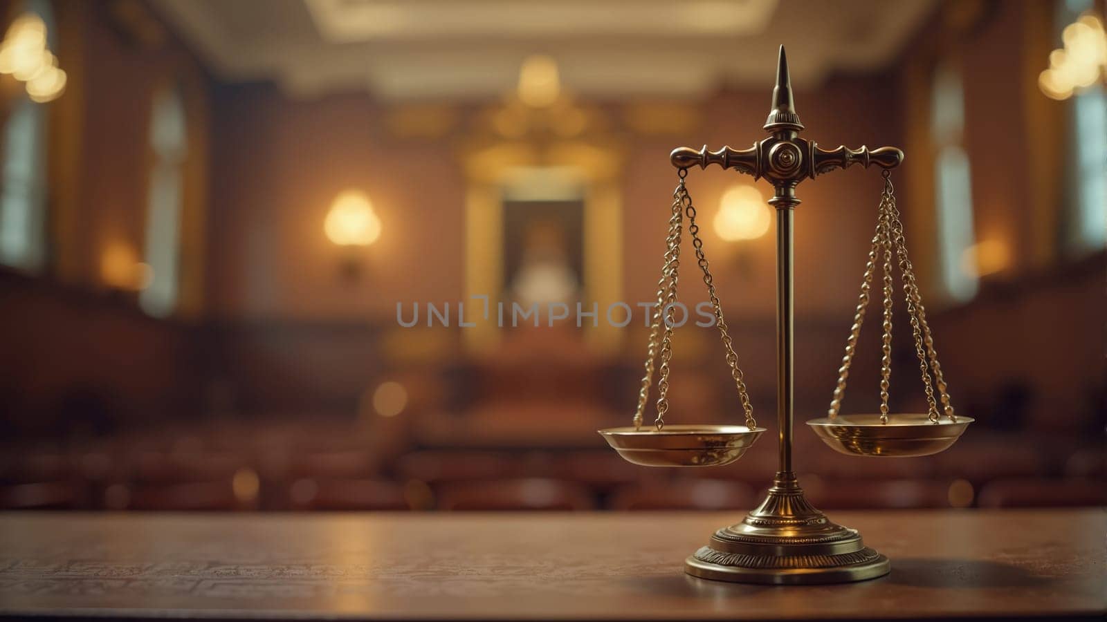 In a majestic courtroom filled with soft light, a polished brass scale stands prominently, representing the essence of justice and equality. The tranquil space evokes a sense of solemnity.