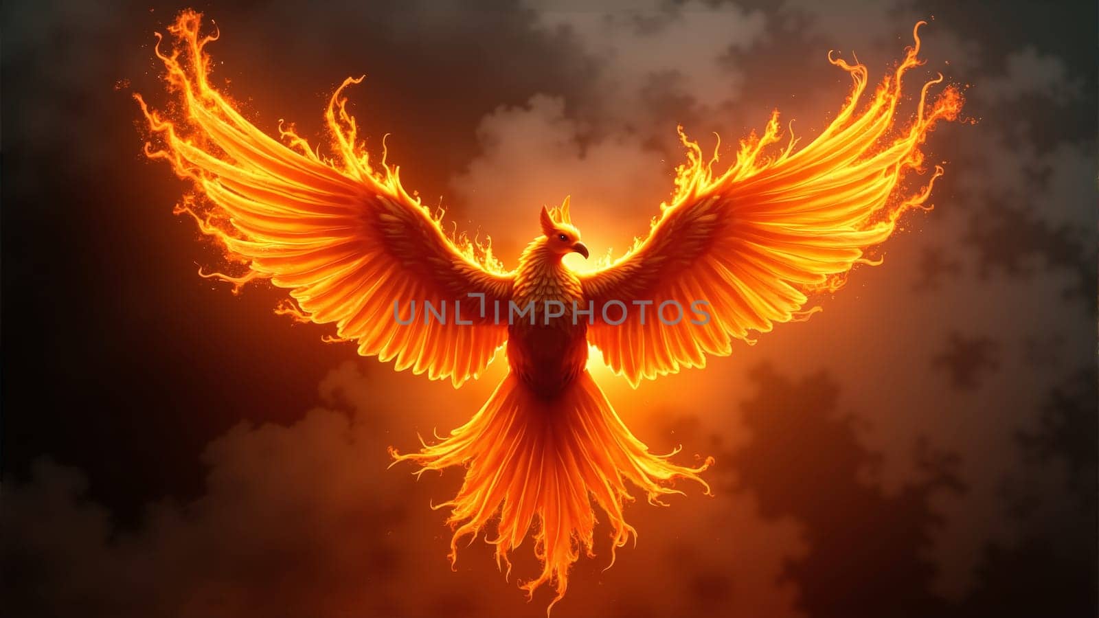 A magnificent phoenix spreads its fiery wings, soaring through a dark sky illuminated by vibrant flames, symbolizing resilience and regeneration, captivating all who gaze upon its beauty.