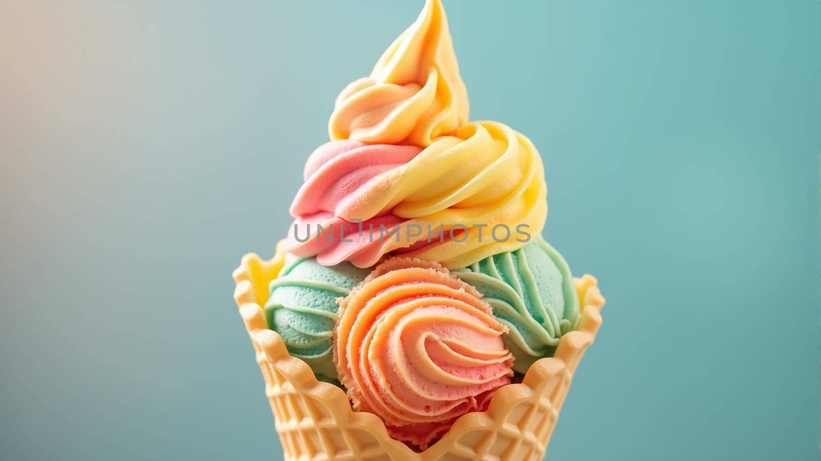 A delightful ice cream cone features five colorful scoops, stacked high with shades of pink, yellow, lavender, and mint, set against a soft pastel backdrop. Perfect for summer indulgence!