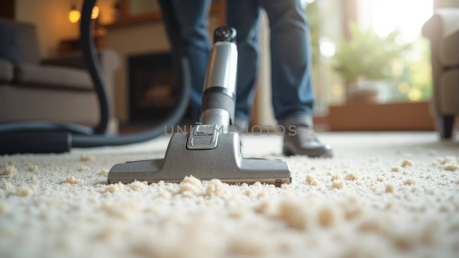 A person uses a steam vacuum to cleanse a light-colored carpet in a warm and inviting living room filled with natural light and greenery.
