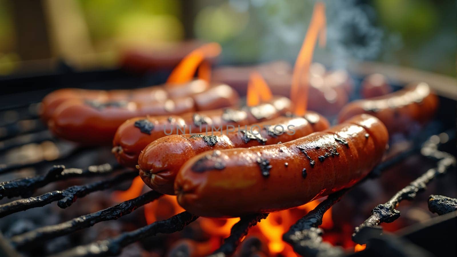 Succulent sausages sizzle and smoke as they cook over glowing embers, capturing the essence of summer barbecues and joyful gatherings with friends and family outdoors.