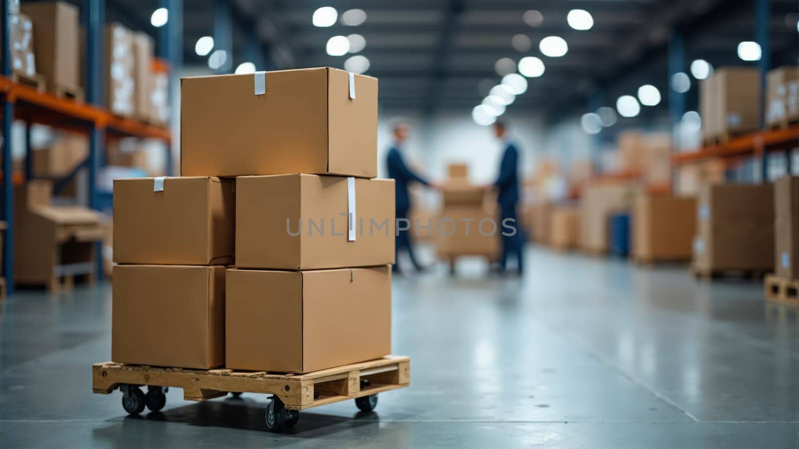 In a bustling warehouse, a worker transports boxes on a cart while organized stacks of packages line the shelves, showcasing a vibrant environment focused on efficiency and productivity.
