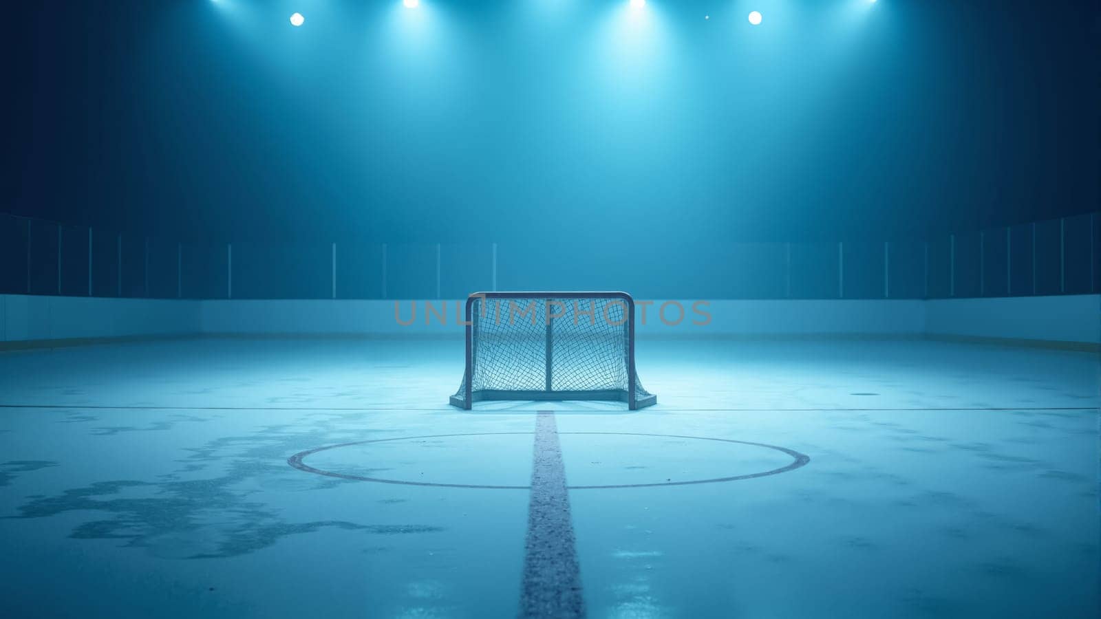 Under a captivating blue glow, a solitary hockey net stands in the middle of an empty rink, evoking anticipation for the game. The lights create a mystique, enhancing the atmosphere of excitement.