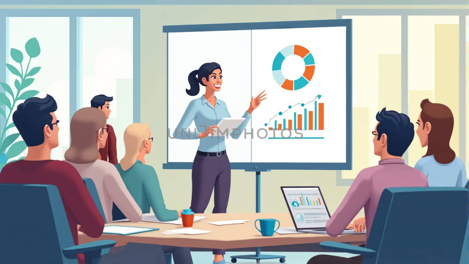 A professional woman passionately presents a graph to an attentive team in a bright conference room, illustrating business strategies and insights during an important meeting.