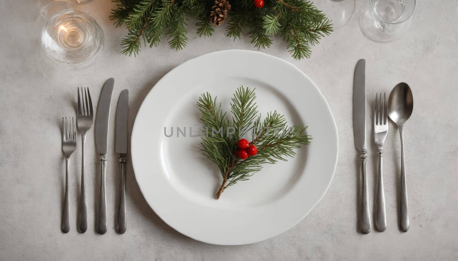 A beautifully arranged holiday table features a pristine white plate adorned with a sprig of evergreen and bright red berries, surrounded by gleaming silverware and seasonal decor.