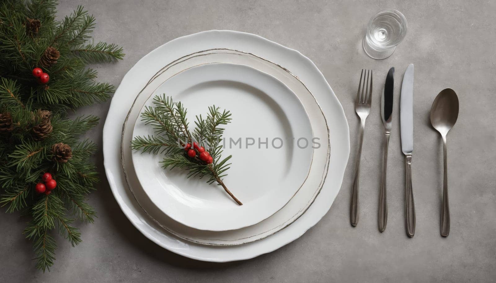 A beautifully arranged holiday table features a pristine white plate adorned with a sprig of evergreen and bright red berries, surrounded by gleaming silverware and seasonal decor.