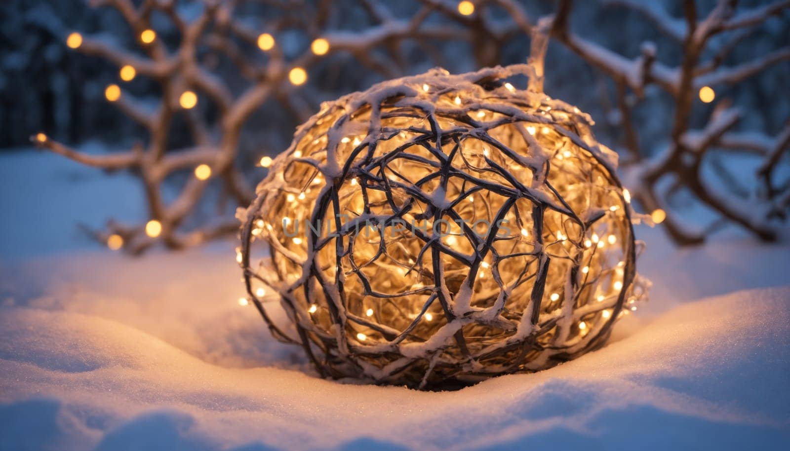 Soft lights twinkle on snow-laden branches of pine trees, casting a warm glow on the pristine white ground, creating a magical winter wonderland at dusk.