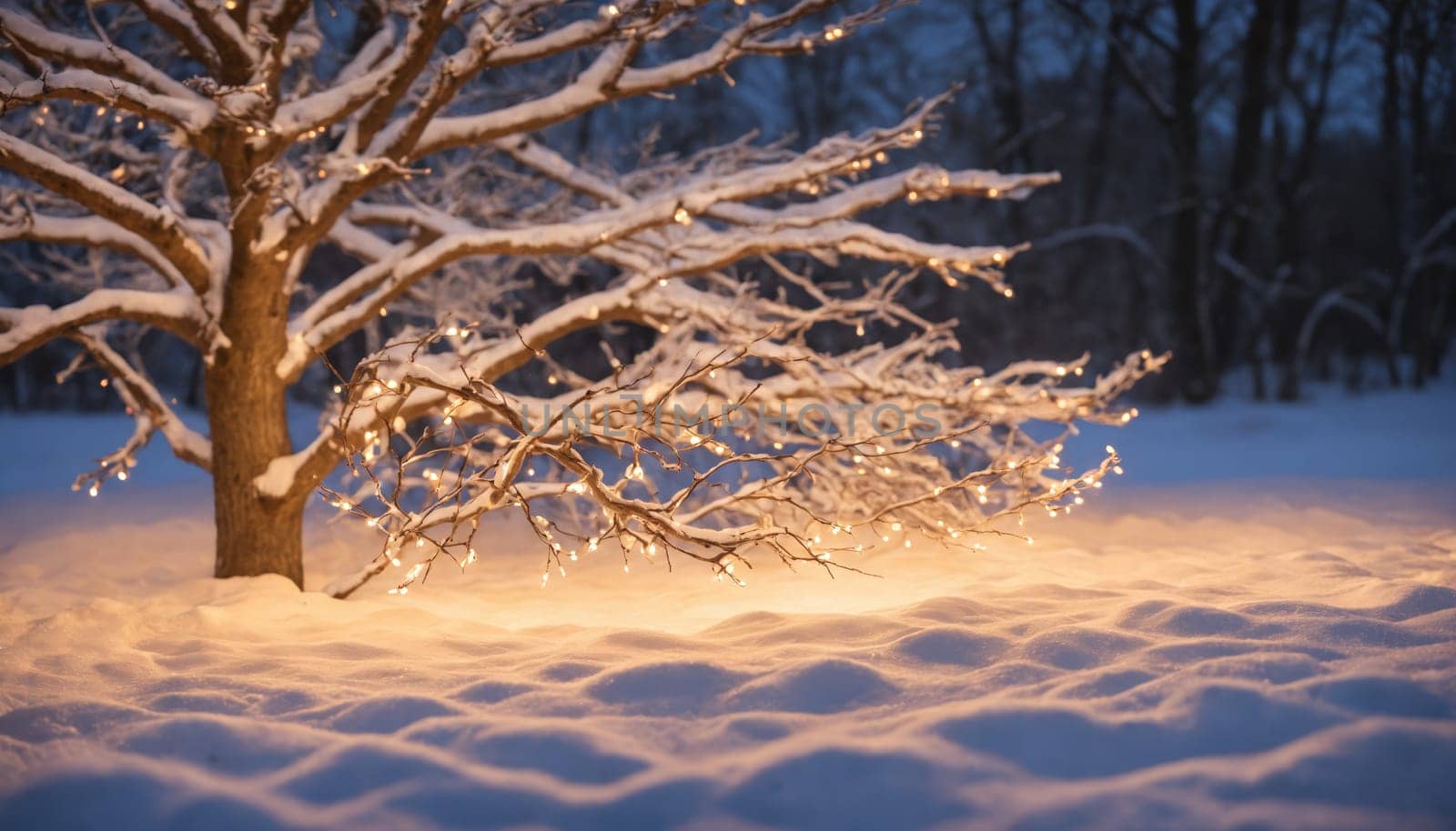 Delicate branches of a tree are adorned with twinkling lights, casting a warm glow on the soft, white snow, creating a peaceful winter atmosphere at dusk.