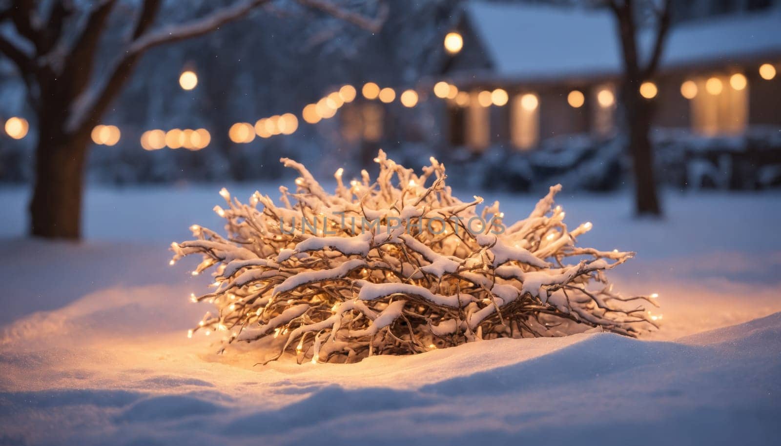 Delicate branches of a tree are adorned with twinkling lights, casting a warm glow on the soft, white snow, creating a peaceful winter atmosphere at dusk.