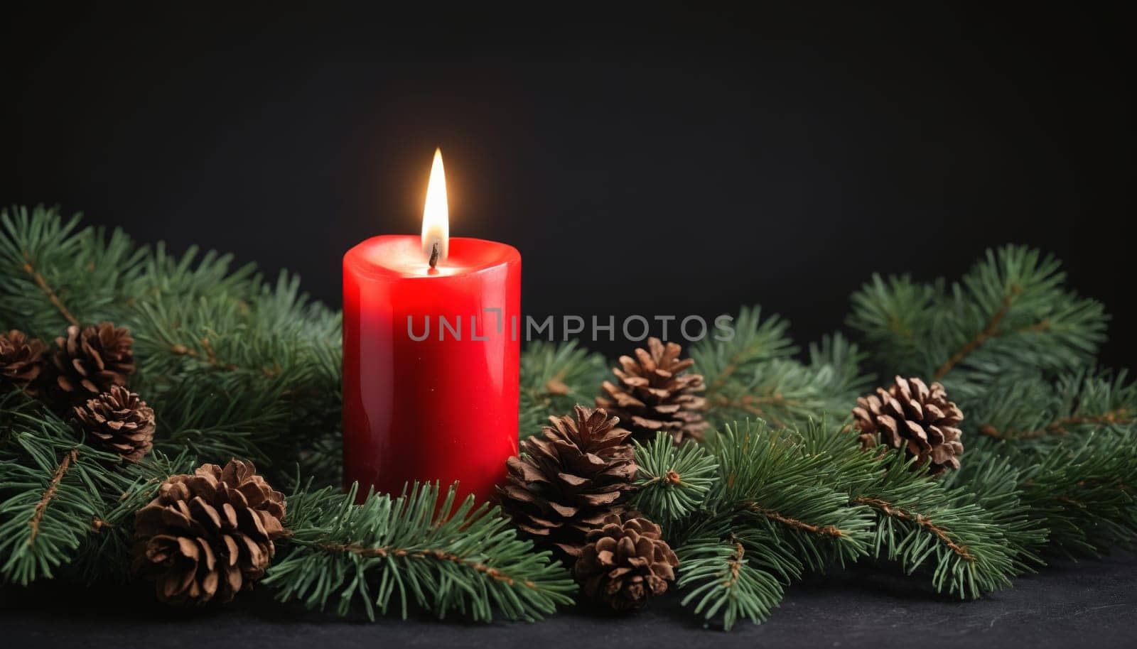 A single red candle flickers softly, surrounded by fresh pine needles and charming pine cones, evoking cozy winter nights and festive celebrations.