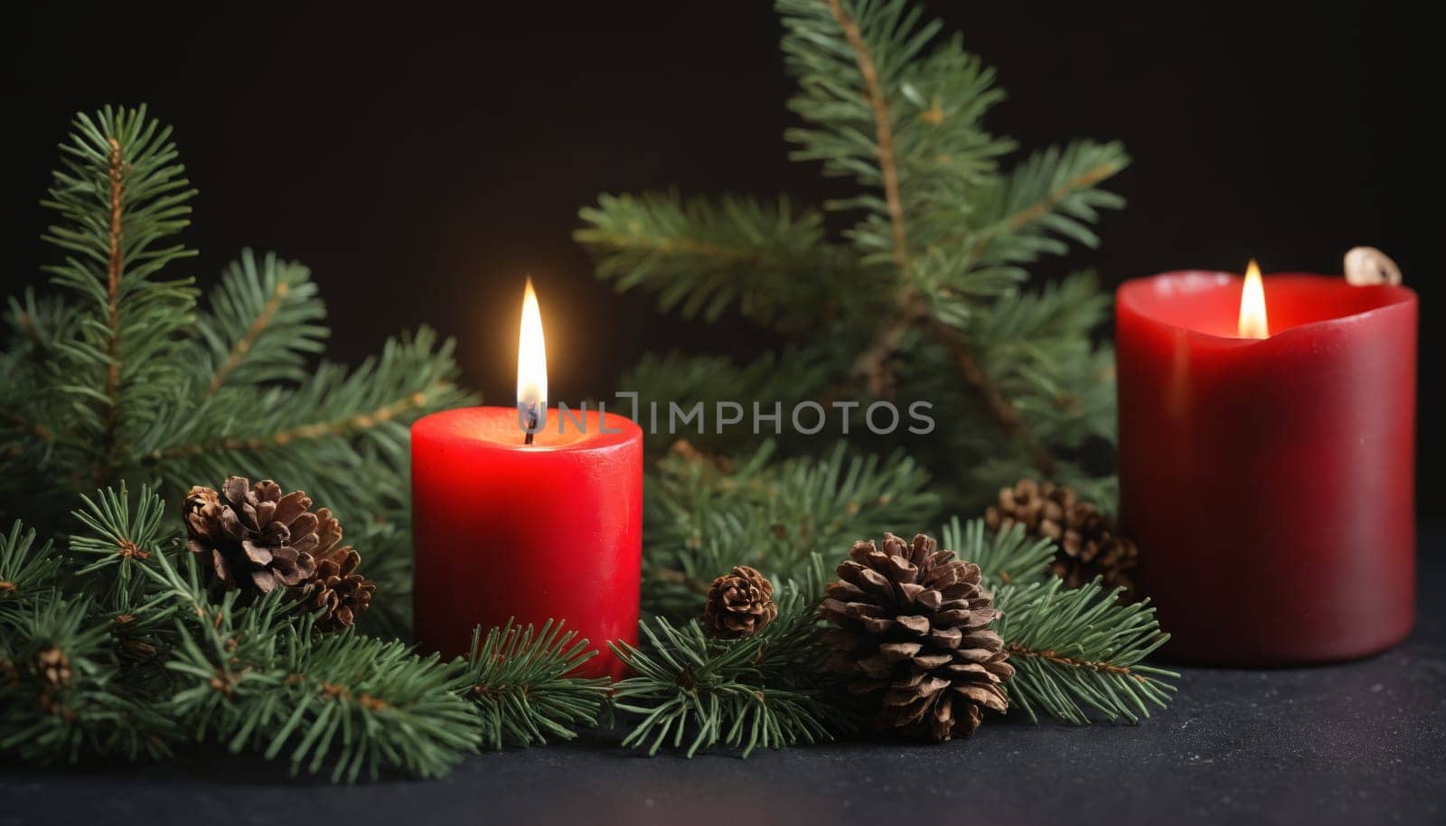 Two glowing red candles stand amidst lush pine branches and scattered pine cones, creating a serene and inviting ambiance perfect for winter festivities.