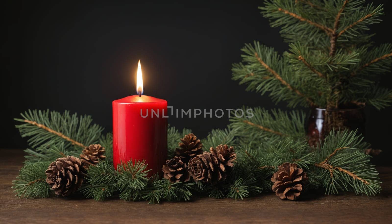 A vibrant red candle burns softly at the center, embraced by fresh pine branches and rustic pine cones, creating a serene and inviting atmosphere for winter gatherings.
