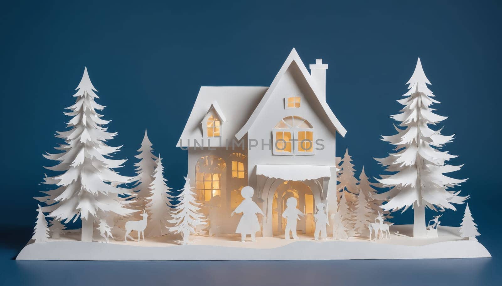 Delicate paper cutouts create a whimsical winter village illuminated from within, showcasing families and trees against a serene blue backdrop.