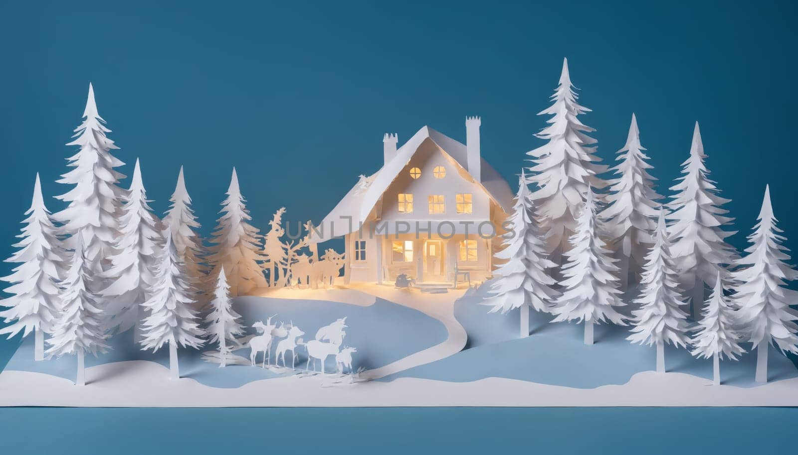 An enchanting winter landscape unfolds with intricately crafted white paper houses, softly illuminated amidst towering evergreen trees, evoking a dreamy holiday atmosphere.
