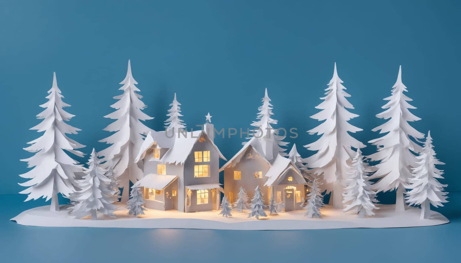 An enchanting winter landscape unfolds with intricately crafted white paper houses, softly illuminated amidst towering evergreen trees, evoking a dreamy holiday atmosphere.