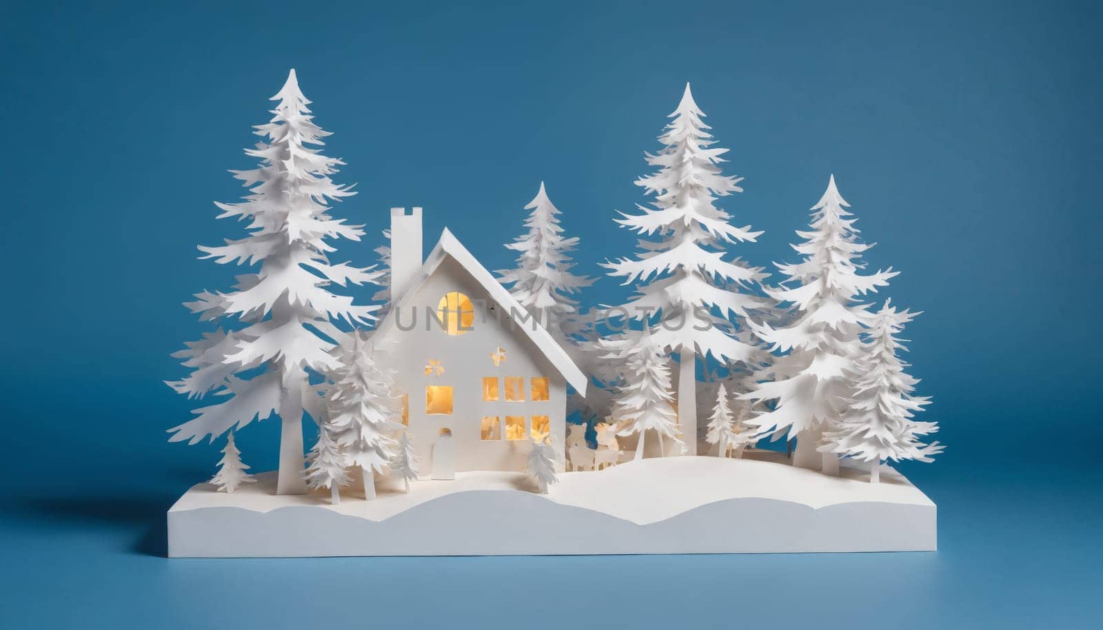 In a serene winter setting, a charming village made of paper shines softly, with illuminated windows, snowy trees, and joyful figures enjoying the evening.