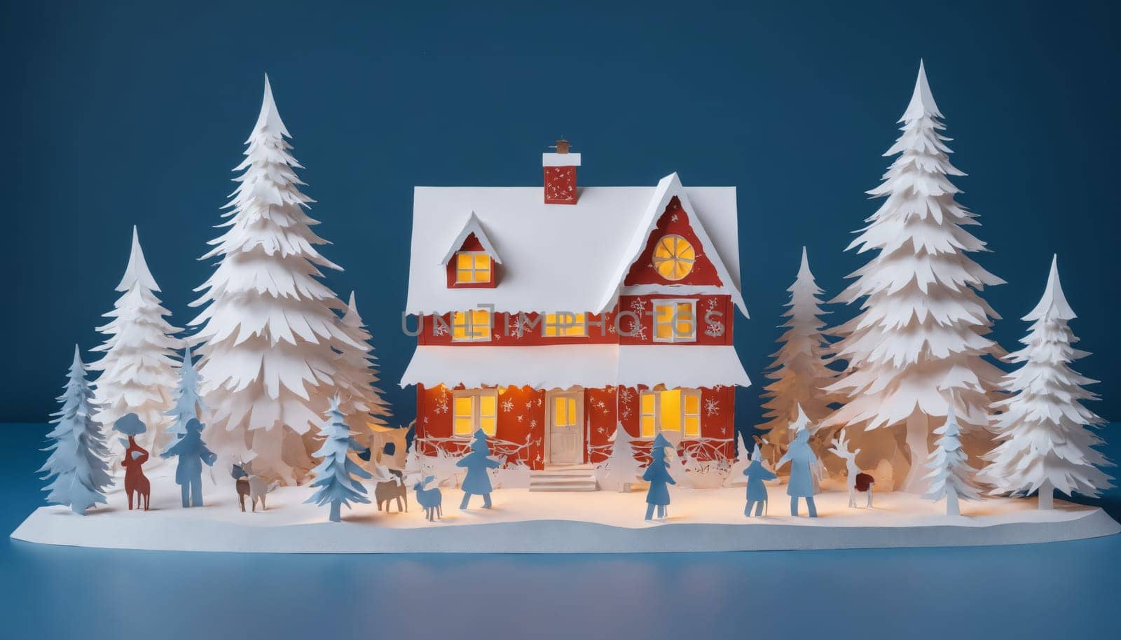 This delightful winter village showcases beautifully crafted paper houses with warm glowing windows, surrounded by fluffy snow-covered trees, perfect for enhancing the holiday mood.
