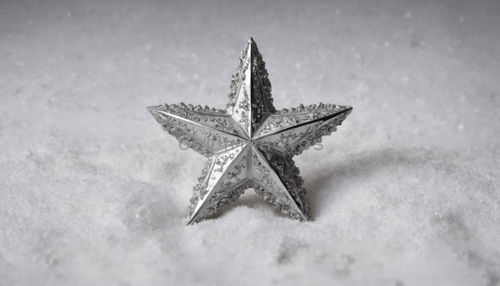 A beautifully crafted silver star stands out against a bed of fresh, untouched snow, capturing the magic of winter in a tranquil outdoor setting.