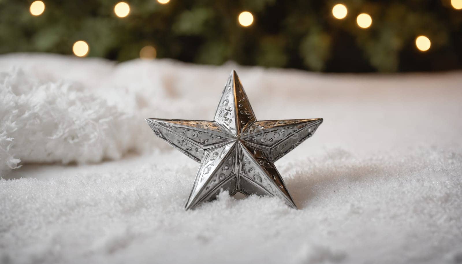 A beautifully crafted silver star is nestled in soft, untouched snow, reflecting the serene morning light. The winter scene evokes a sense of calm and wonder.