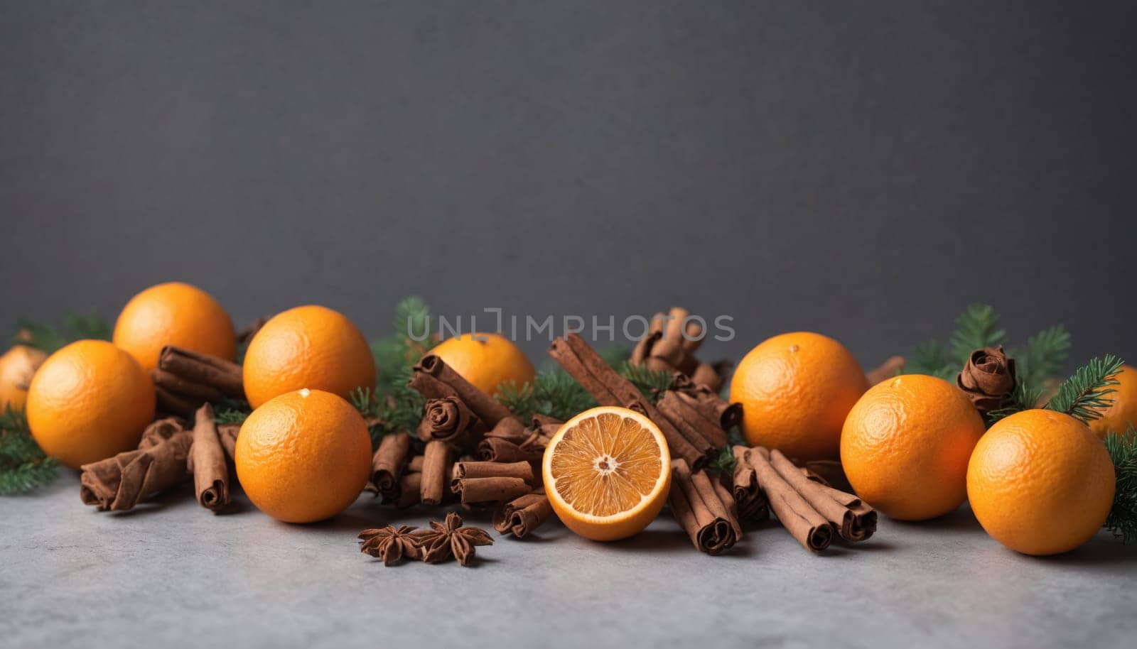 A colorful display features whole oranges and sliced pieces mingled with aromatic cinnamon sticks and pine branches, evoking a cozy, festive atmosphere perfect for winter.