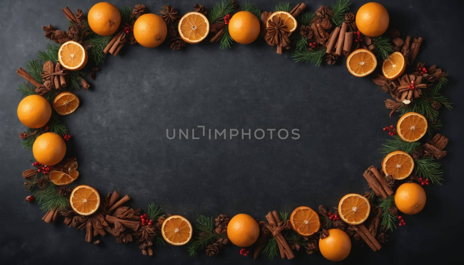 Bright oranges surrounded by fragrant pine branches and aromatic spices create a warm, inviting atmosphere that embodies the joy of the holiday season.