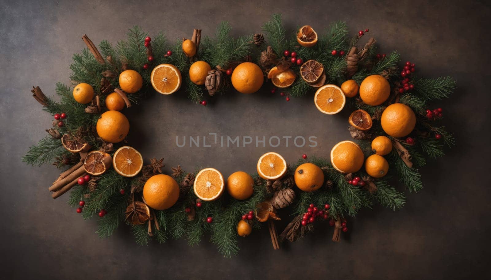 Bright oranges surrounded by fragrant pine branches and aromatic spices create a warm, inviting atmosphere that embodies the joy of the holiday season.