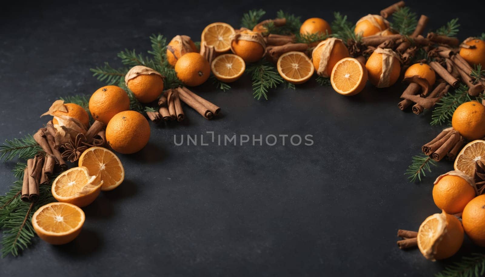 A beautiful arrangement of fresh oranges, aromatic cinnamon, and pinecones creates a delightful holiday wreath, evoking warmth and seasonal cheer.