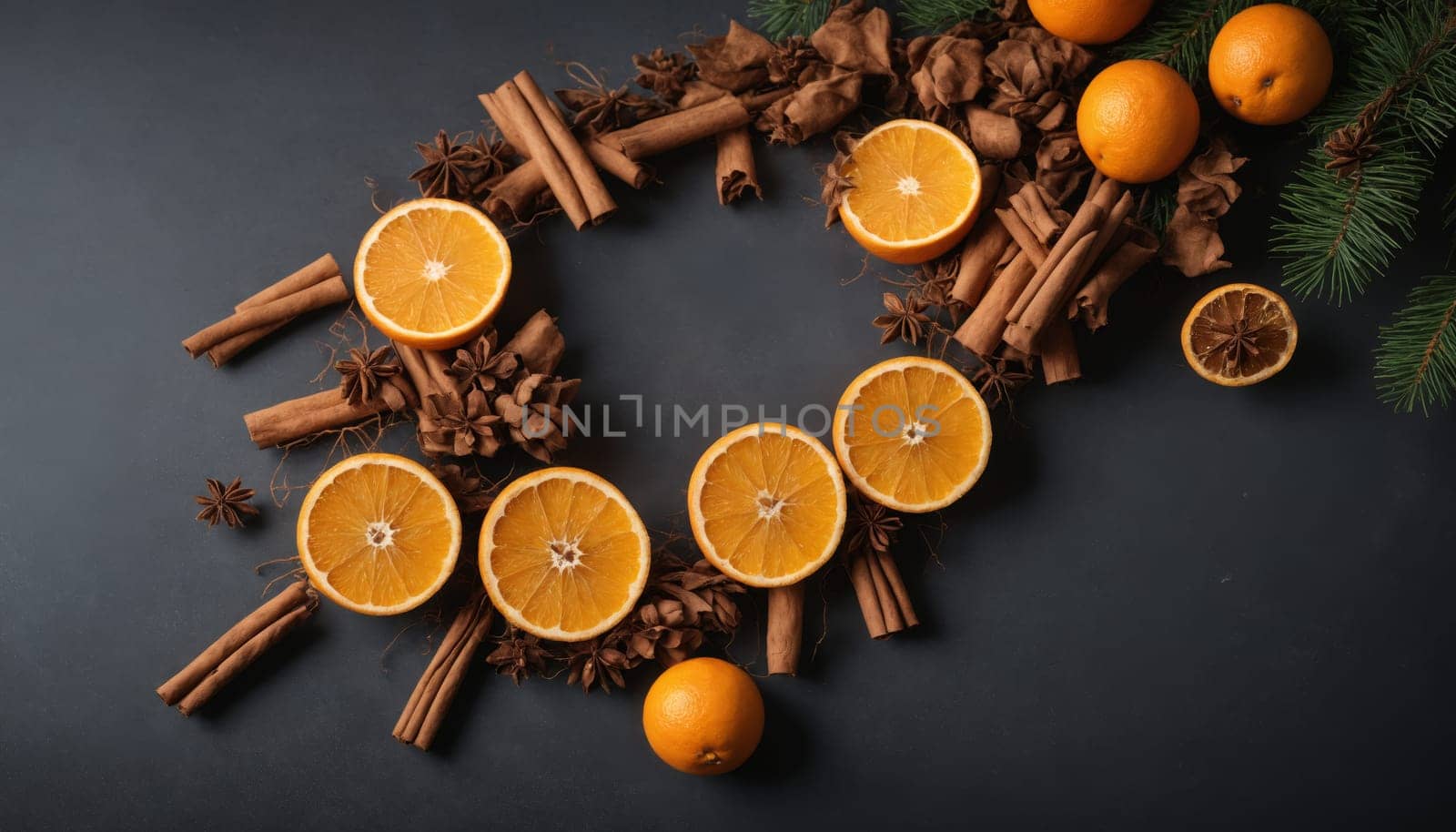 A beautiful arrangement of fresh oranges, aromatic cinnamon, and pinecones creates a delightful holiday wreath, evoking warmth and seasonal cheer.