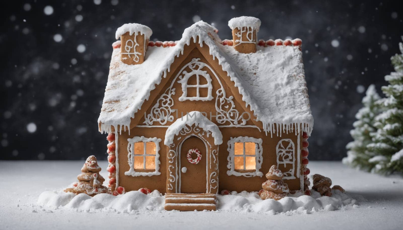 The enchanting gingerbread house, with its intricate icing details, sparkles under soft lights, nestled in a snowy landscape, capturing the spirit of the holidays.
