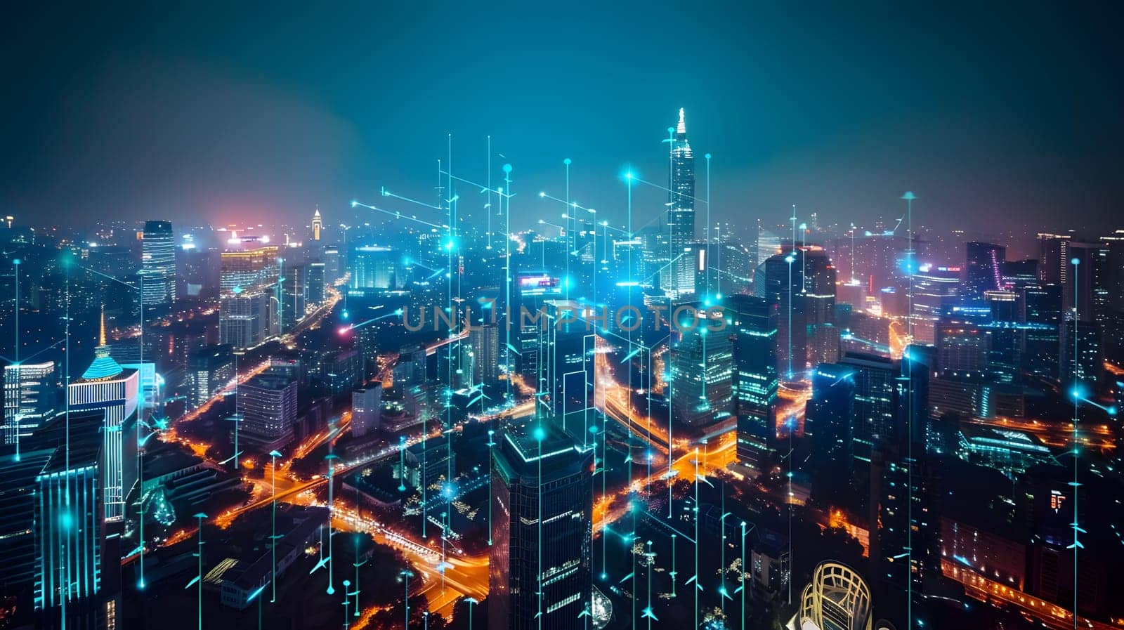 Aerial night view of a vibrant cityscape with illuminated skyscrapers and streets