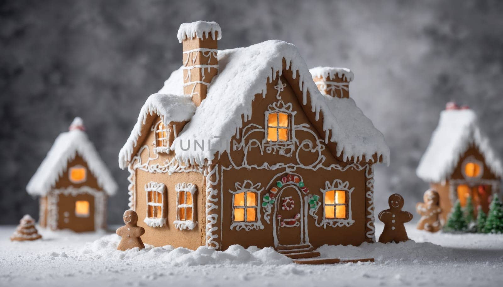 The enchanting gingerbread house, with its intricate icing details, sparkles under soft lights, nestled in a snowy landscape, capturing the spirit of the holidays.