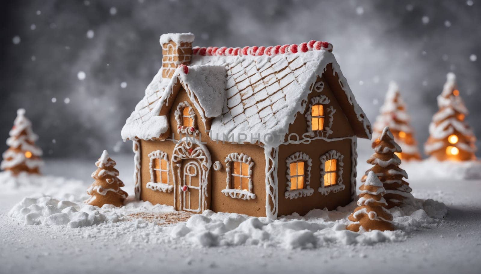 Delightful gingerbread house with intricate icing details sits among snowy trees. Warm light glows from the windows, creating a cozy winter ambiance.