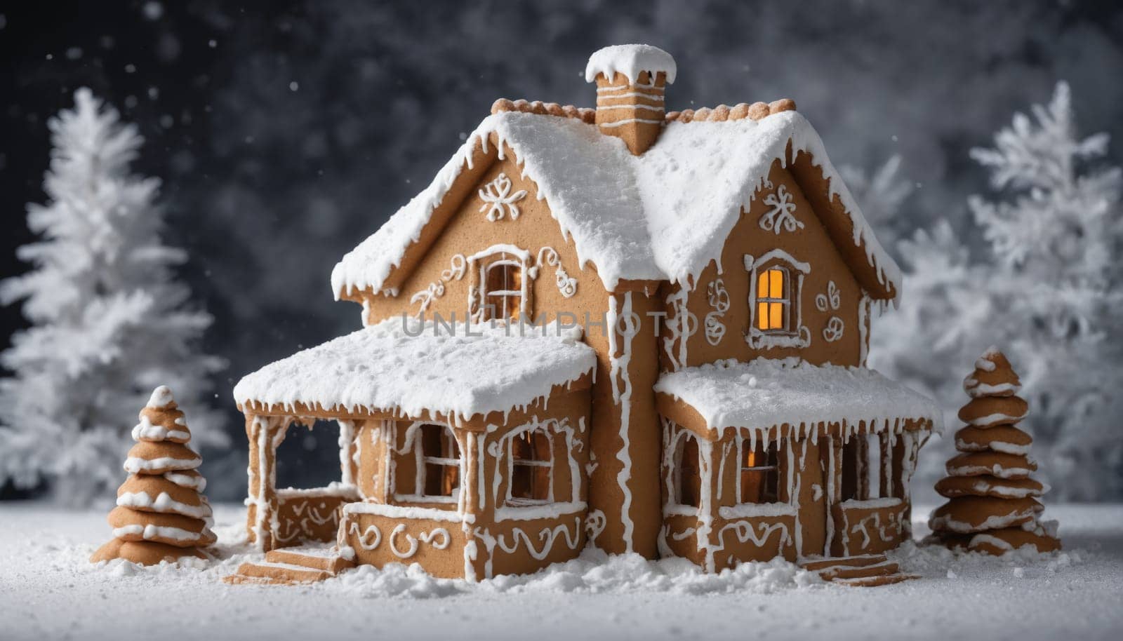 The delightful gingerbread house, with its sugary decorations and snowy roof, radiates warmth as a glowing light shines from its windows amidst a serene winter landscape.