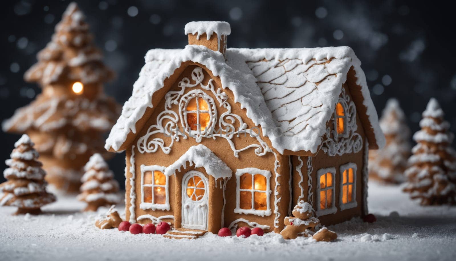 The delightful gingerbread house, with its sugary decorations and snowy roof, radiates warmth as a glowing light shines from its windows amidst a serene winter landscape.