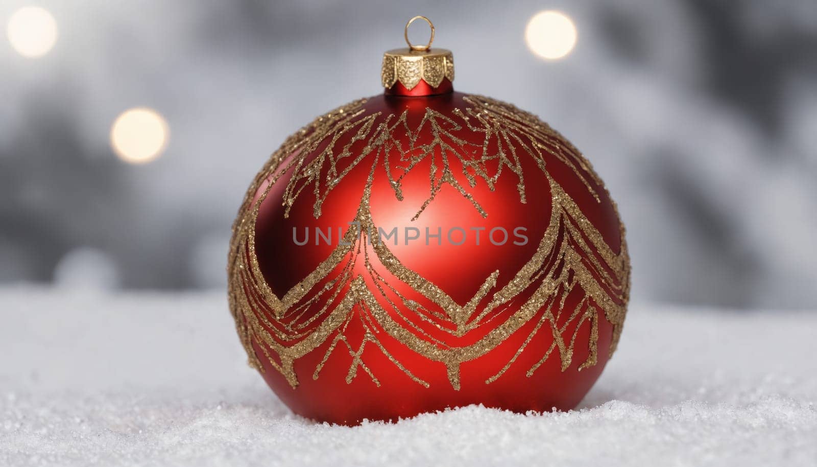 A striking red Christmas ornament adorned with golden designs sits atop a snowy backdrop, glistening amidst twinkling warm lights in a festive ambiance.