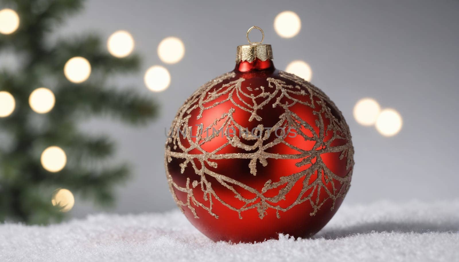 Glistening in soft light, the red ornament adorned with shimmering patterns brings a cheerful touch to the holiday season, evoking warmth and joy.
