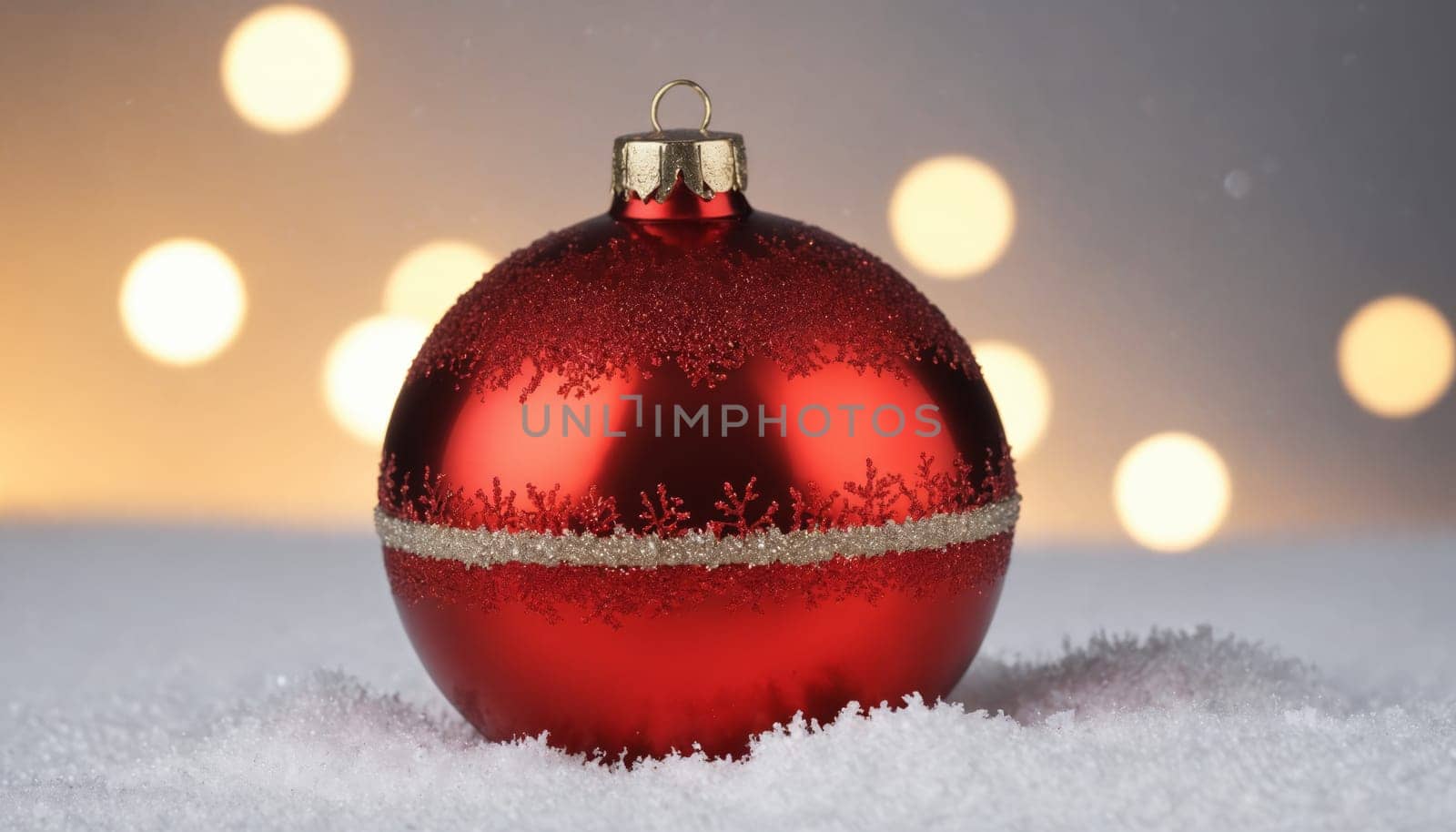 Glistening in soft light, the red ornament adorned with shimmering patterns brings a cheerful touch to the holiday season, evoking warmth and joy.