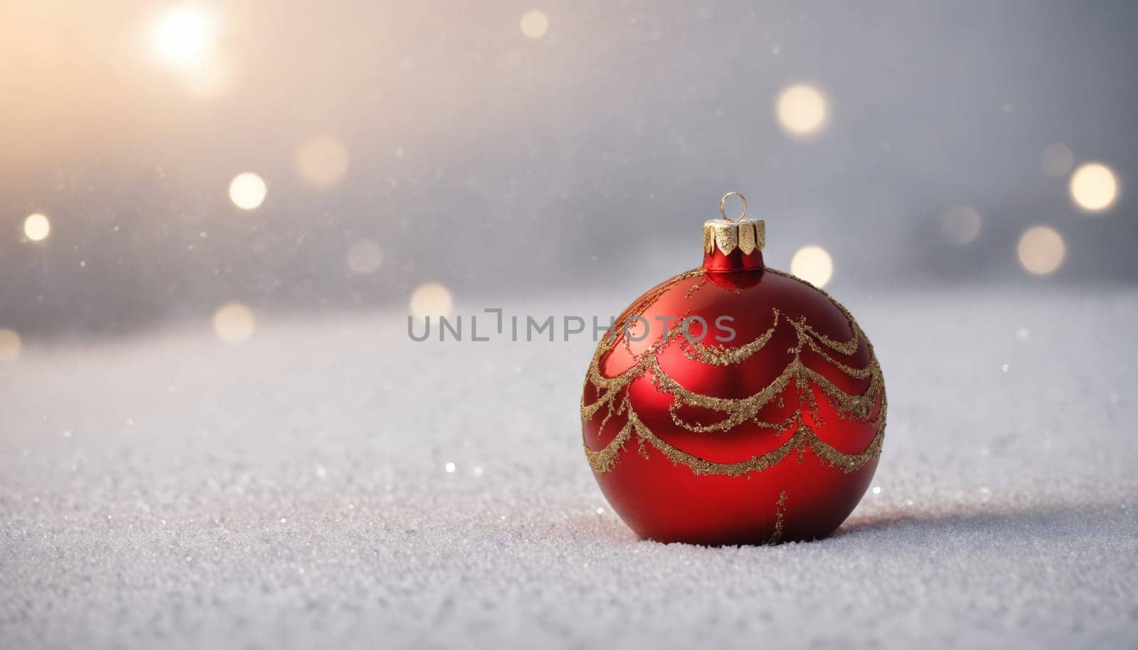 A striking red ornament adorned with glitter rests on a blanket of soft snow, surrounded by warm, twinkling lights that evoke the magic of the holiday season.