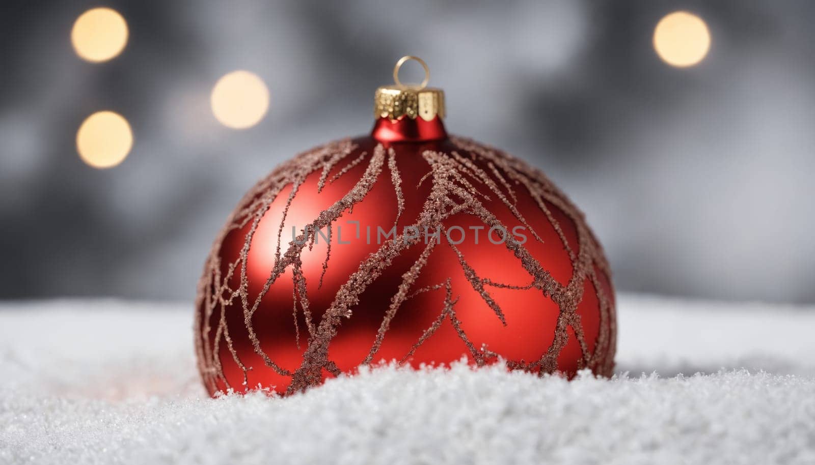 Two beautifully designed red ornaments with intricate silver patterns hang gracefully, surrounded by soft snowflakes in a tranquil winter setting.