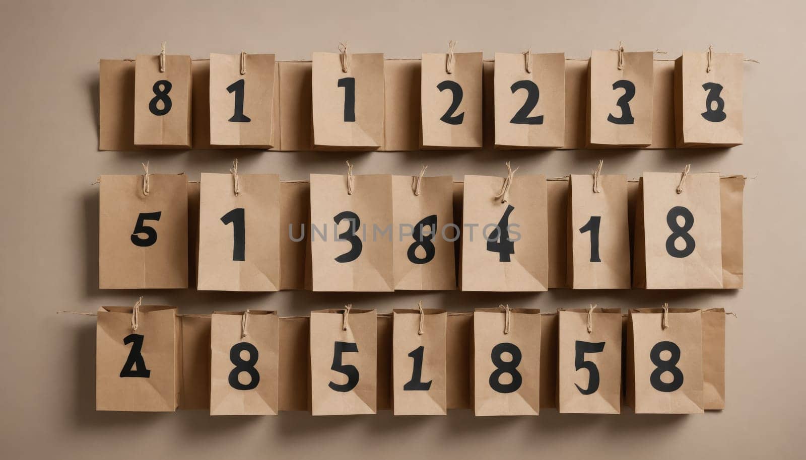 A grid of brown paper tags features large black numbers, each hanging by a clip against a soft beige background, creating a minimalist yet striking visual effect.