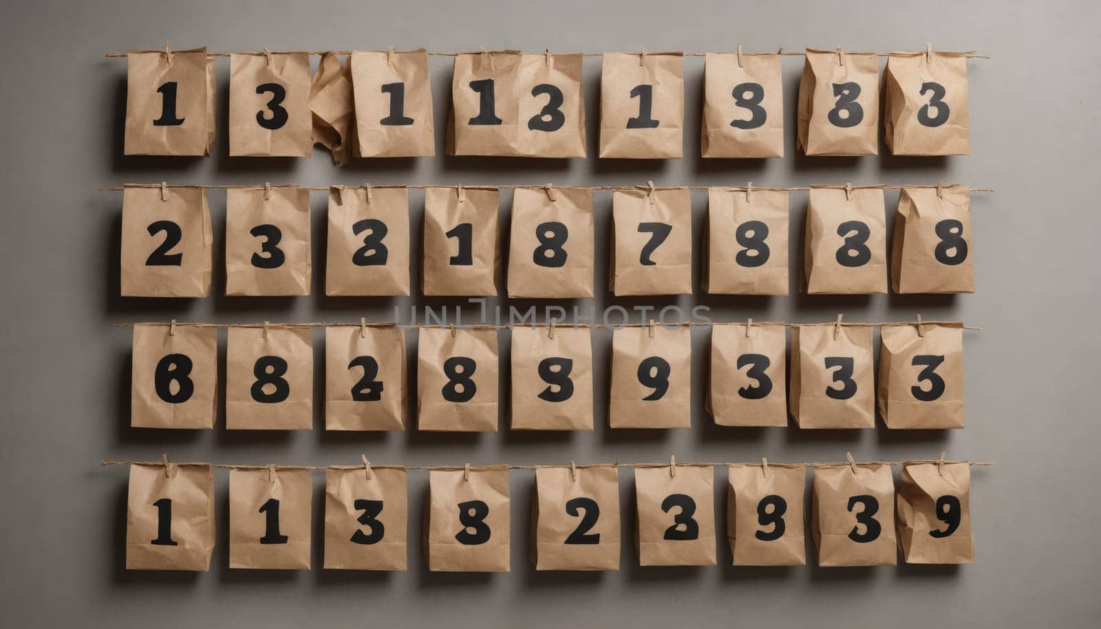 A collection of brown paper bags is carefully arranged on a wall, each marked with bold, black numbers. The artistic display encourages viewers to ponder their significance and purpose.
