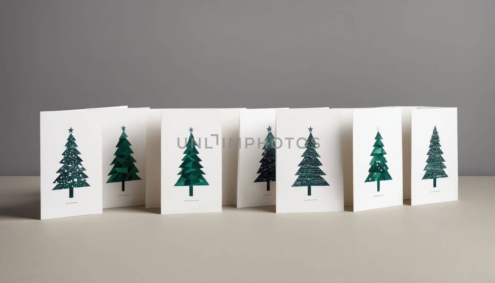 A collection of elegant holiday greeting cards featuring creative Christmas tree illustrations arranged neatly on a simple tabletop, ready for the festive season.