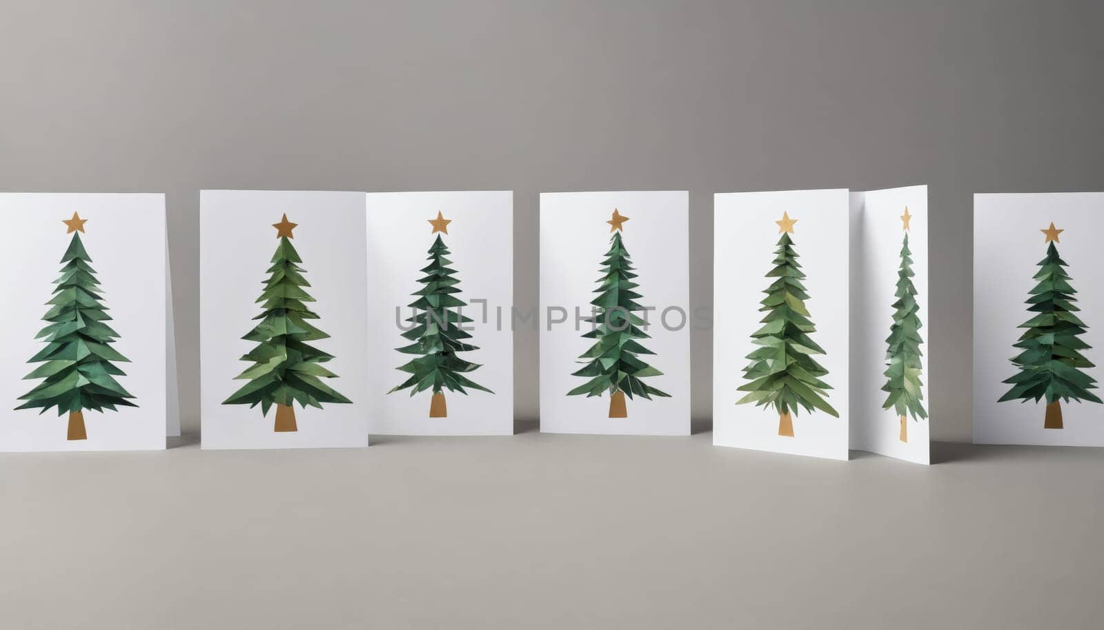 Christmas cards showcasing an array of artistic evergreen tree designs stand gracefully in a row, exuding holiday spirit against a soft, understated backdrop.