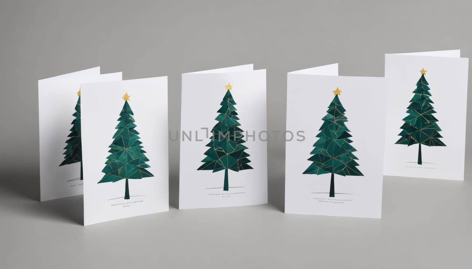 A collection of elegant holiday greeting cards featuring creative Christmas tree illustrations arranged neatly on a simple tabletop, ready for the festive season.