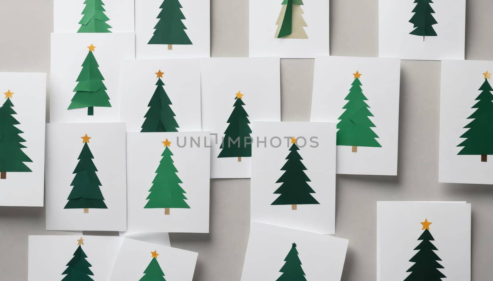A collection of elegantly designed holiday greeting cards showcases beautiful paper-cut Christmas trees in varying shades of green, adorned with golden stars atop.