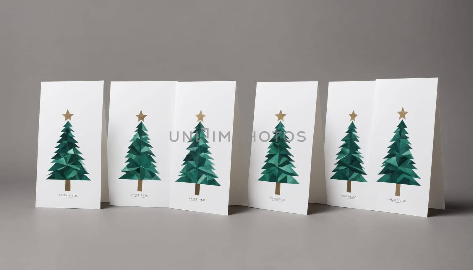 A collection of beautifully designed greeting cards showcases artistic paper trees adorned with shimmering stars, ready for the festive season. Ideal for spreading holiday cheer.