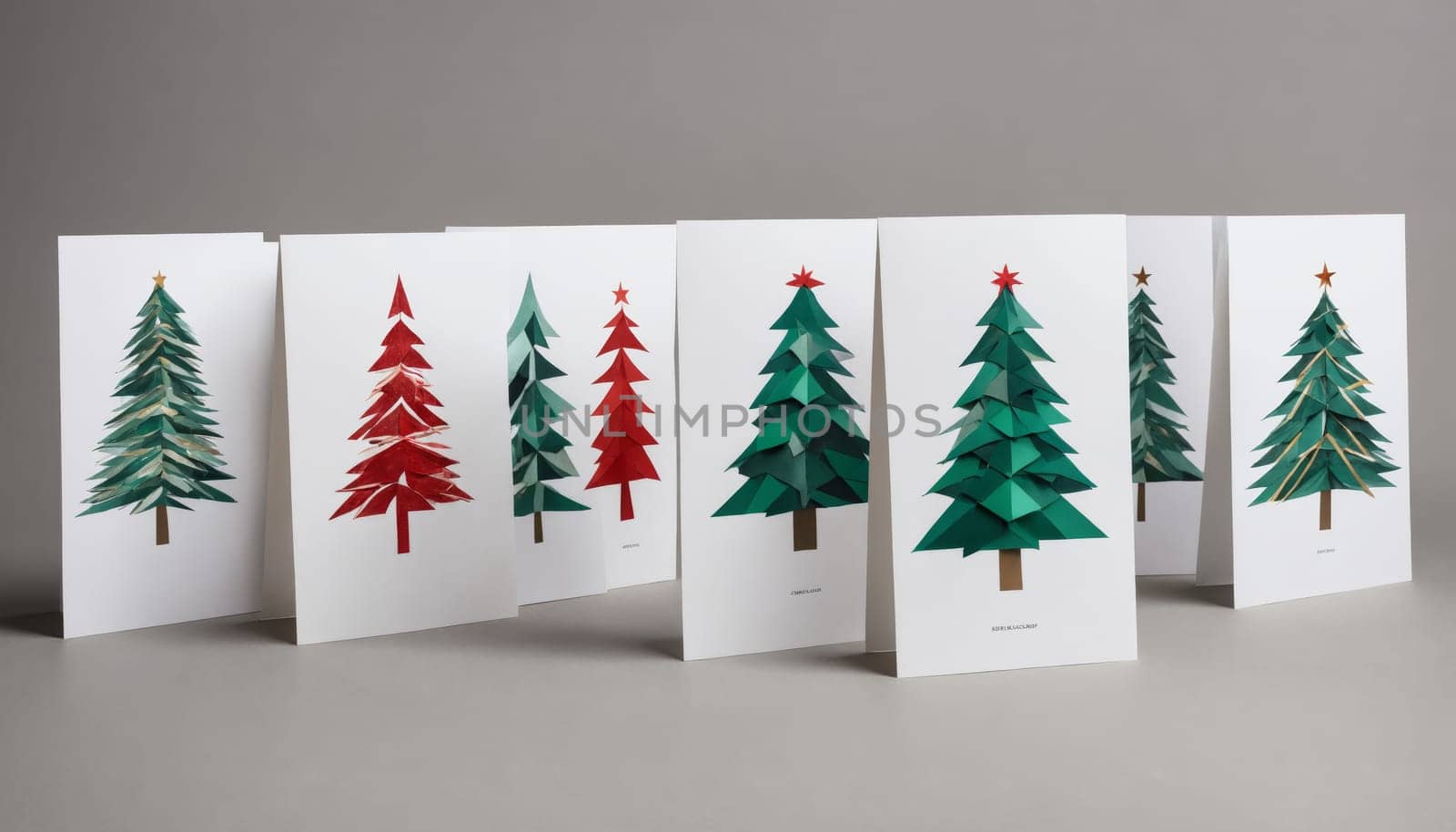A collection of beautifully designed greeting cards showcases artistic paper trees adorned with shimmering stars, ready for the festive season. Ideal for spreading holiday cheer.